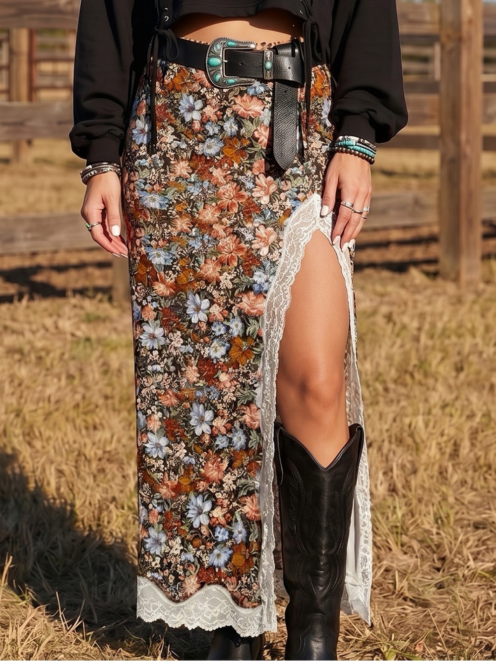 💕Hello Gorgeous! Floral Lace Trim Maxi Skirt with Side Slit - Brown Floral